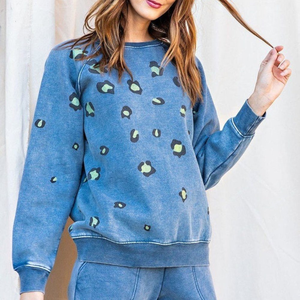Womens Dusty Teal Long Sleeve Boxy Fit Leopard Print Washed Terry Sweatshirt NWT